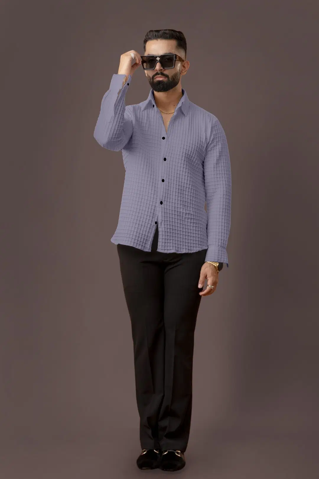 Poly Cotton Regular Fit Checks Full Sleeves Men's Casual Shirt - Grey ( Pack of 1 ) - Image 4