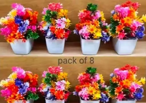 Artificial Flowers/Plant with Pot and Cute Bird on Top for Home Decor, Living Room, Balcony, Indoor/Outdoor Pack of 8