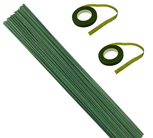 3A Featuretail 2pc Florl Tape & 50Pc 15 Inch Dark Green Floral Stem Wire Crafting Floral Paper Wrapped Wire for Artificial Flowers Making