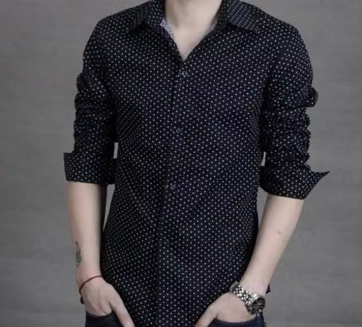 FREKMAN Men's Regular Fit Dotted Pure Cotton Full Sleeve Spread Collar Shirt-Black