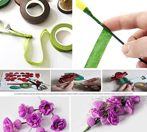 3A Featuretail 2pc Florl Tape & 50Pc 15 Inch Dark Green Floral Stem Wire Crafting Floral Paper Wrapped Wire for Artificial Flowers Making - Image 2