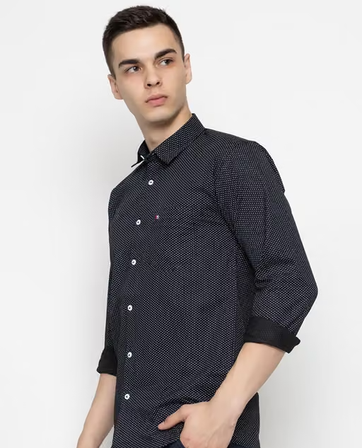 FREKMAN Men's Regular Fit Dotted Pure Cotton Full Sleeve Spread Collar Shirt-Black - Image 3