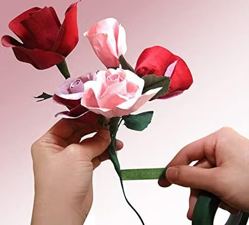 3A Featuretail 2pc Florl Tape & 50Pc 15 Inch Dark Green Floral Stem Wire Crafting Floral Paper Wrapped Wire for Artificial Flowers Making - Image 3