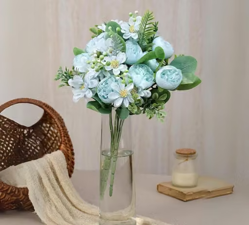 SATYAM KRAFT 1 Bunch Artificial Peony Rose Flower Bunch For Home Decoration, Craft, Gifting, Wedding Decoration, Marriage, Festival, Office, Bedroom, Balcony, Living Room, Table Decoration, Showpiece Flowers, Art and Craft DIY (Without Vase) (Pack of 1) (Blue) (Size= L-15 CM, W-15 CM, H-32 CM) - Image 3