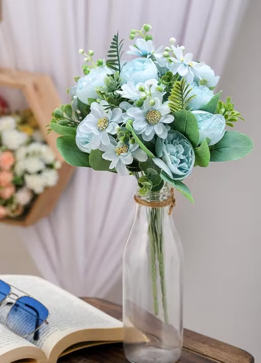 SATYAM KRAFT 1 Bunch Artificial Peony Rose Flower Bunch For Home Decoration, Craft, Gifting, Wedding Decoration, Marriage, Festival, Office, Bedroom, Balcony, Living Room, Table Decoration, Showpiece Flowers, Art and Craft DIY (Without Vase) (Pack of 1) (Blue) (Size= L-15 CM, W-15 CM, H-32 CM) - Image 4