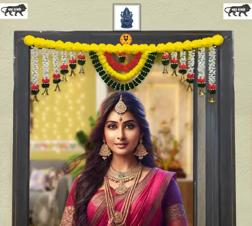 AUM Artificial Small Bell Toran with PumPum Mogra (Green, yellow and orange) (Model No. 235)
