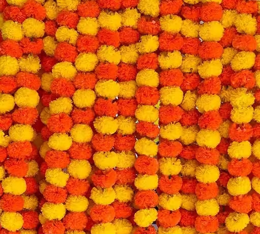 Artificial Fluffy Marigold Flower/Genda Phool Garlands(PACK OF -10) | 5 Feet Long Garlands String Door Toran Set for Diwali | Door Hangings for Decoration (Red yellow Mix Mala)