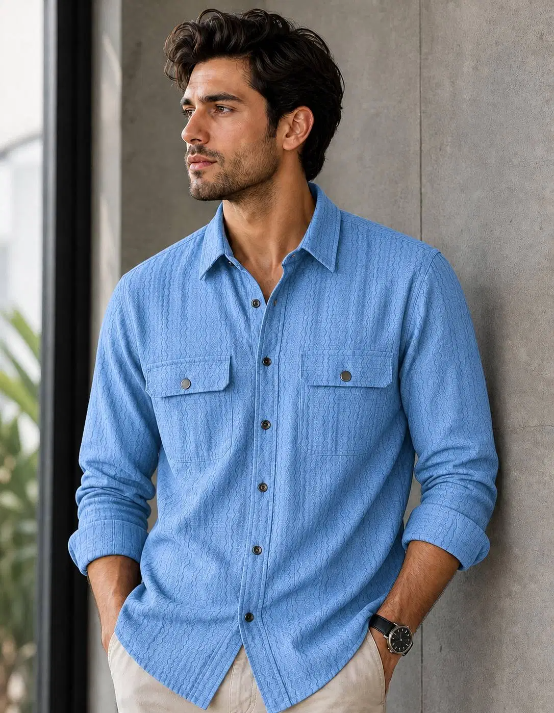 Clothing Hub Cotton Blend Regular Fit Self Design Full Sleeves Men's Casual Shirt - Sky Blue ( Pack of 1 ) - Image 4
