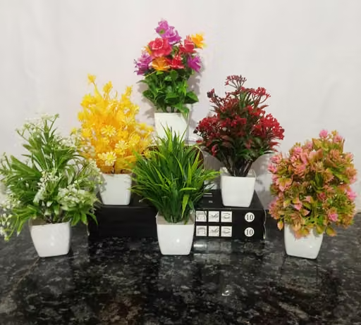 Camellia Grins Set of 5 Bonsai Wild Artificial Plant with Pot (Multicoloured, 6 Pieces)