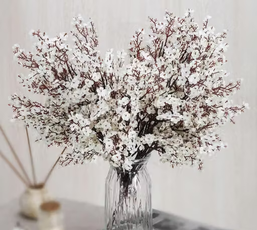 SATYAM KRAFT 1 Bunch Artificial Babys Breath Gypsophila Flower Fake Sticks Bunch, Decorative Flower Items For Home Decor, Wedding Decor, Marriage, Festival, Office, Bedroom, Balcony, Living Room, Gift, Table, Art & Craft, Restaurants, (Without Vase Pot) (White)