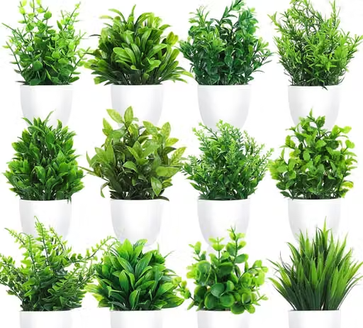 Plastic Artificial Plants Small Fake Potted Plants, Mini Eucalyptus Potted Faux Decorative Grass Plant With White Pot For Home Decor Pack Of 12