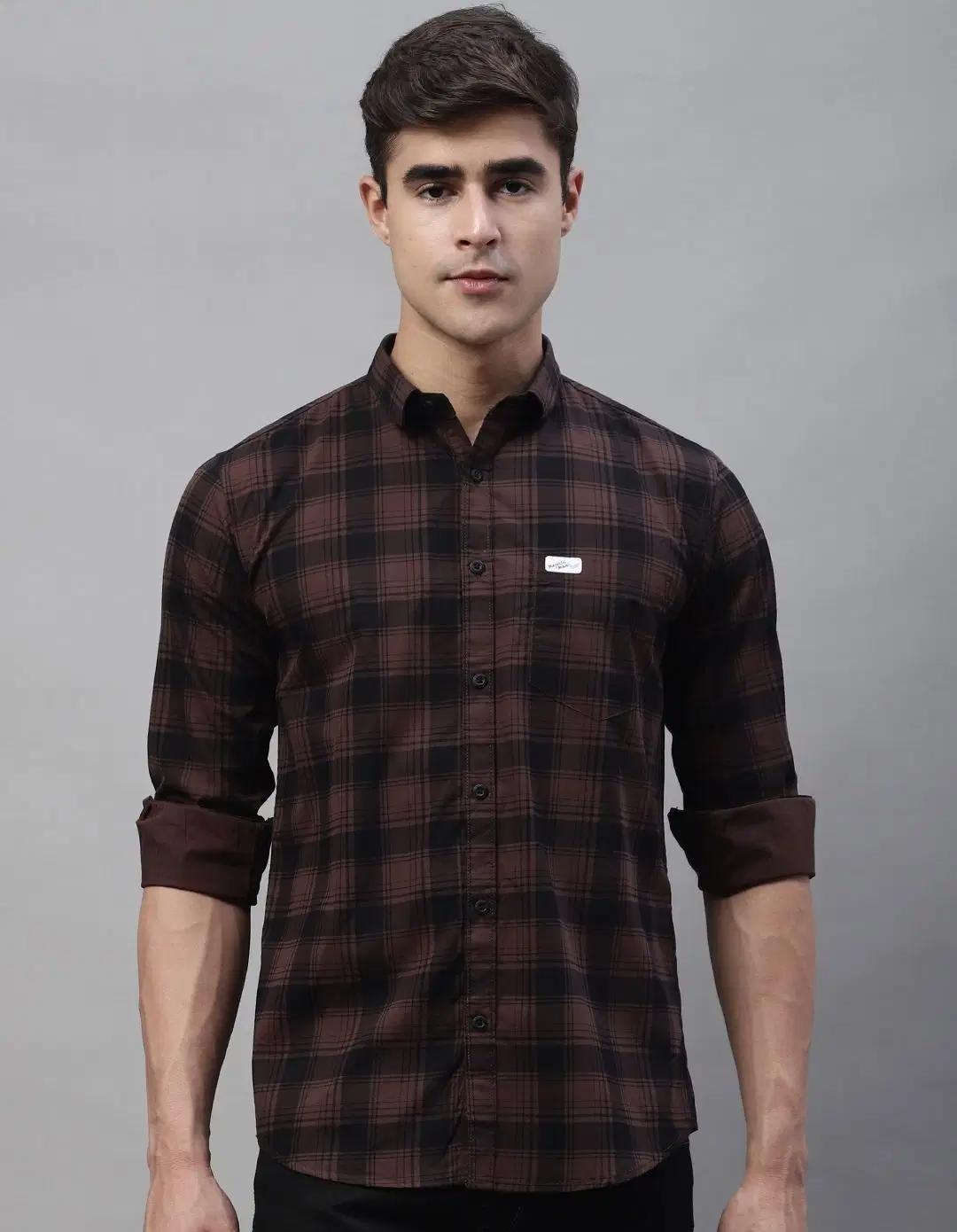100% Cotton Slim Fit Checks Full Sleeves Men's Casual Shirt - Brown ( Pack of 1 )