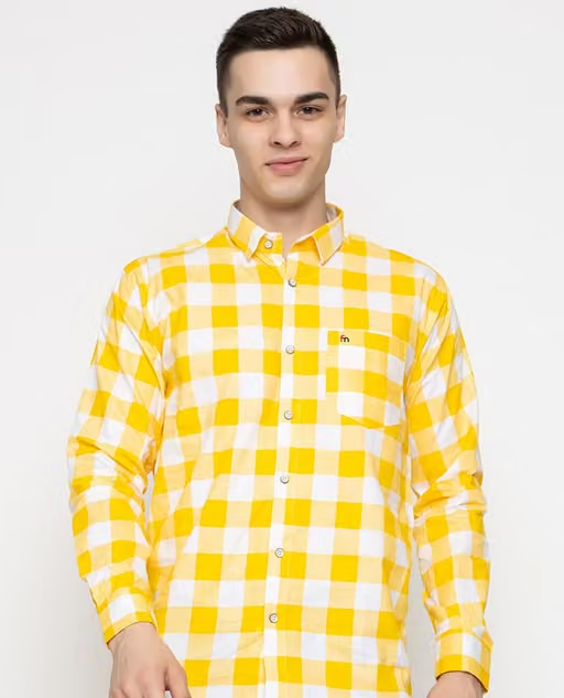 Frekman Stylish Checked Casual Cotton Shirt-Yellow