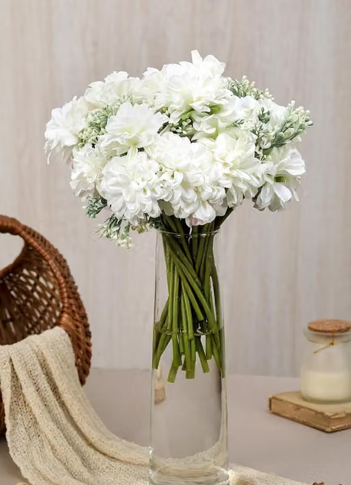 9Shades 1 Pcs White Artifical Flower Bunch Artificial Dahlia Flower Bunch for Decoration Fake Flowers for Shadi, Wedding, Sagai, Engagement, Festival, Home, Office, Bedroom, Table, Gifting, Bouquet Gift for her/him, Decoartion for vase,Table Centerpiece, Pooja, Gifting (White, 1 Bunch, Without Vase)