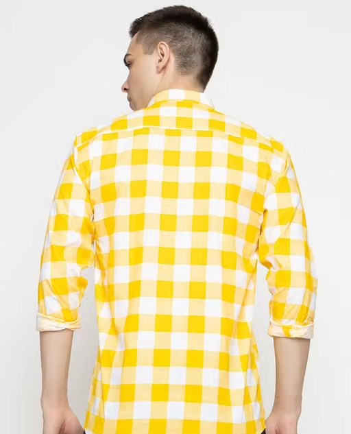 Frekman Stylish Checked Casual Cotton Shirt-Yellow - Image 2
