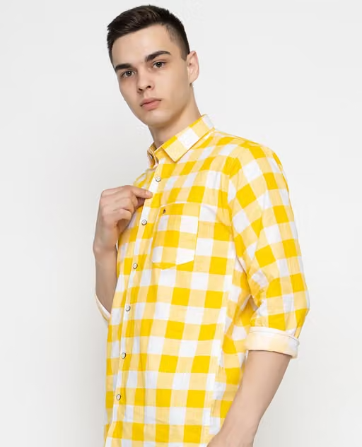 Frekman Stylish Checked Casual Cotton Shirt-Yellow - Image 3