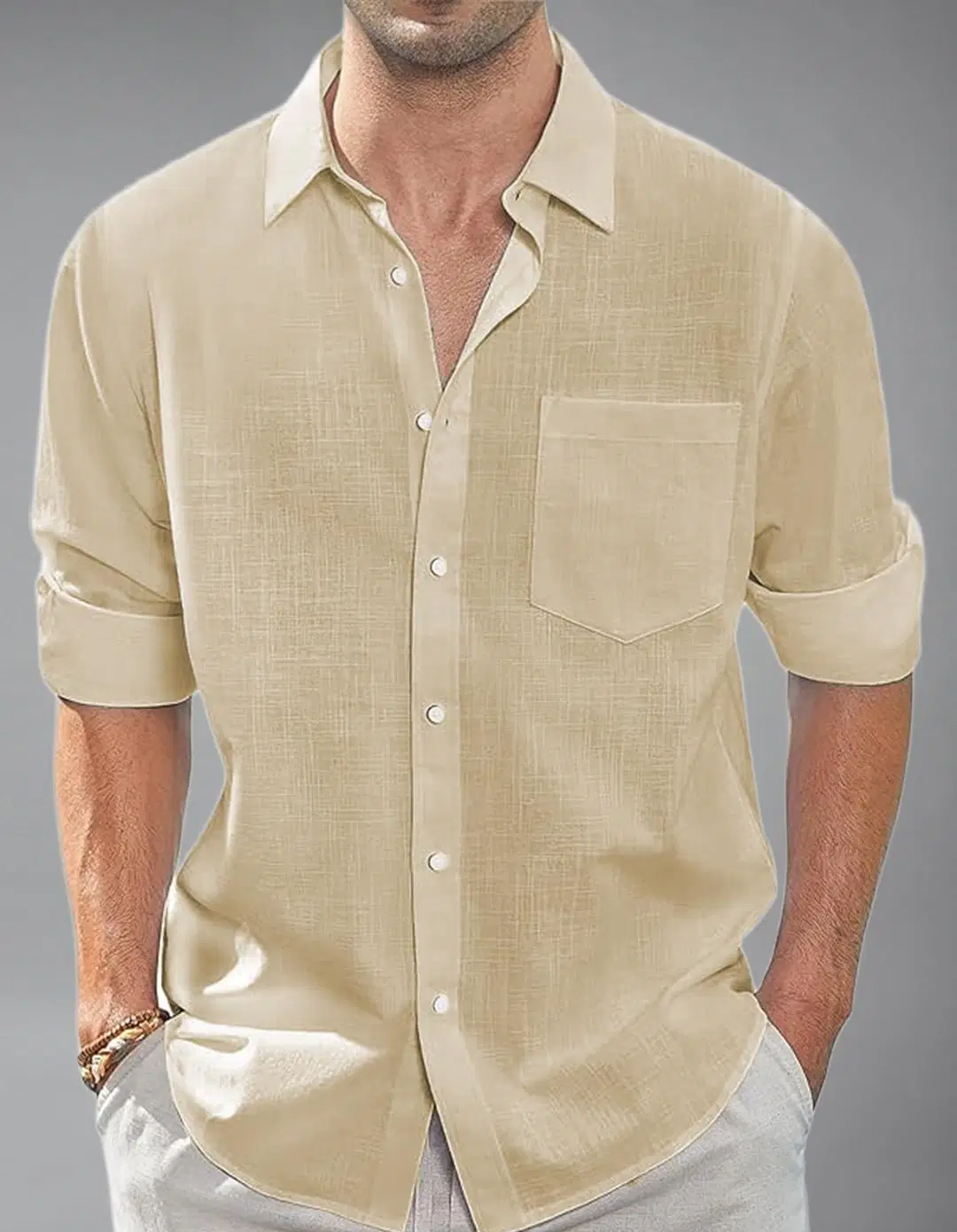 Vida Loca Cotton Blend Slim Fit Solids Full Sleeves Men's Casual Shirt - Beige ( Pack of 1 ) - Image 3