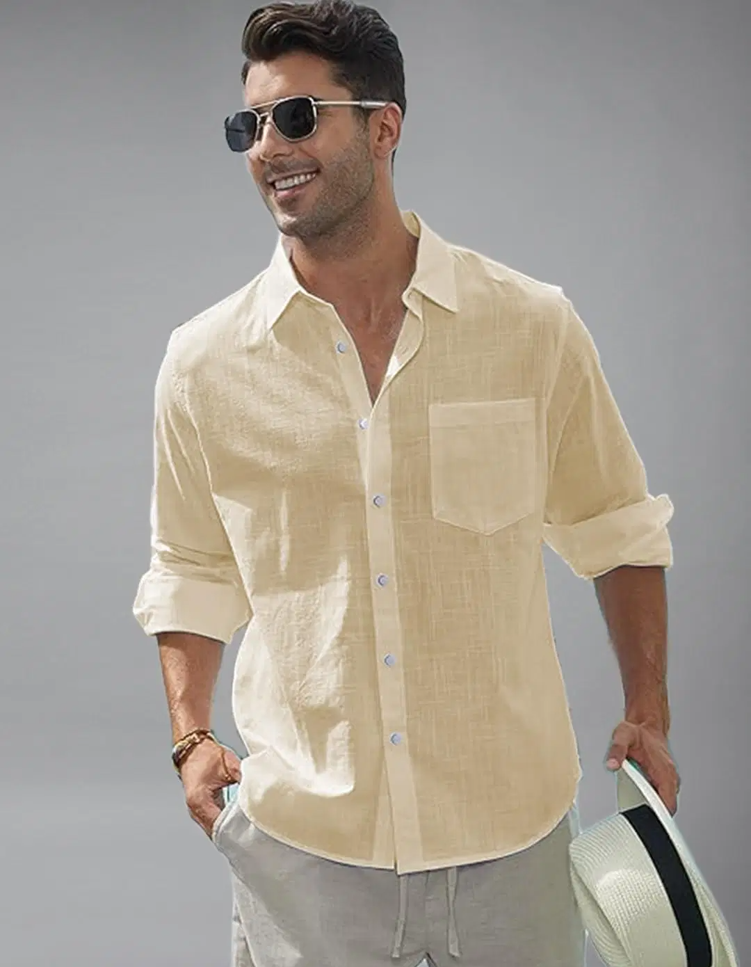Vida Loca Cotton Blend Slim Fit Solids Full Sleeves Men's Casual Shirt - Beige ( Pack of 1 ) - Image 4