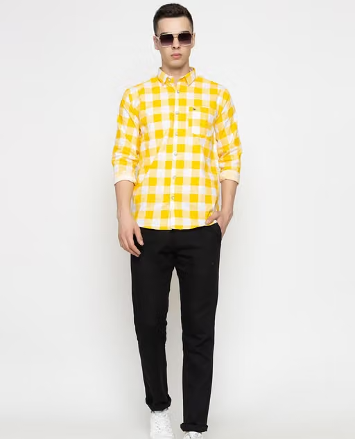 Frekman Stylish Checked Casual Cotton Shirt-Yellow - Image 4