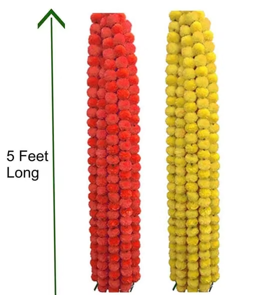 Hepiack Genda Phool Artificial Marigold Flower Mala Pack of 10 (Yellow and Orange) Each 5 - Image 2
