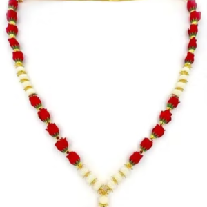 Pooja Accessories Photo Mala / Photo Haar (24 Inch) Artificial Rose Flower Garland for Photo Frame | Pearl Moti Mala for God Idol Photos and Loved Ones - Red