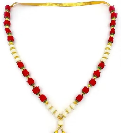 Pooja Accessories Photo Mala / Photo Haar (24 Inch) Artificial Rose Flower Garland for Photo Frame | Pearl Moti Mala for God Idol Photos and Loved Ones - Red