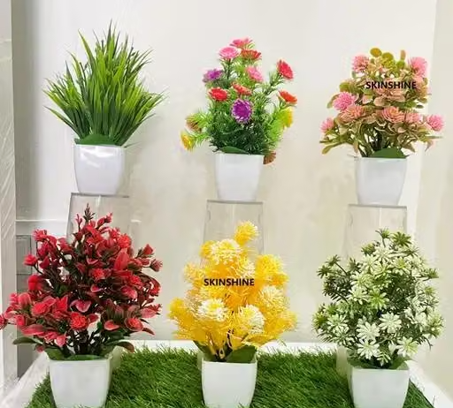 SATAN CRAFT set of 6 for Home Office, Desk, Table,Decoration and Gift Faux Bonsai Artificial Plant with Pot (12-14 cm, Multicolor)