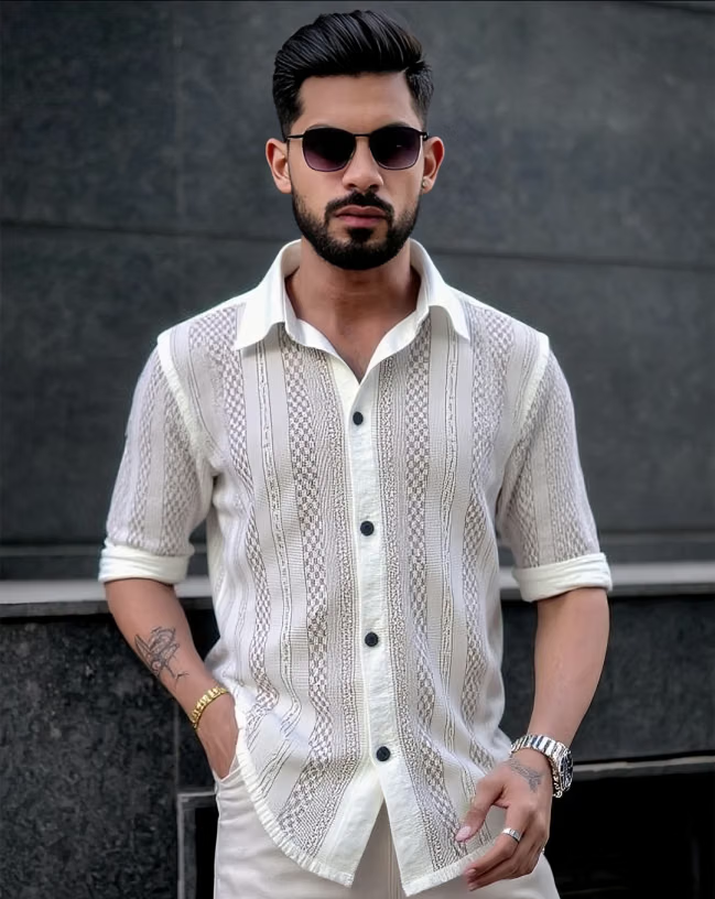 Cotton Blend Regular Fit Self Design Half Sleeves Men's Casual Shirt - White ( Pack of 1 )