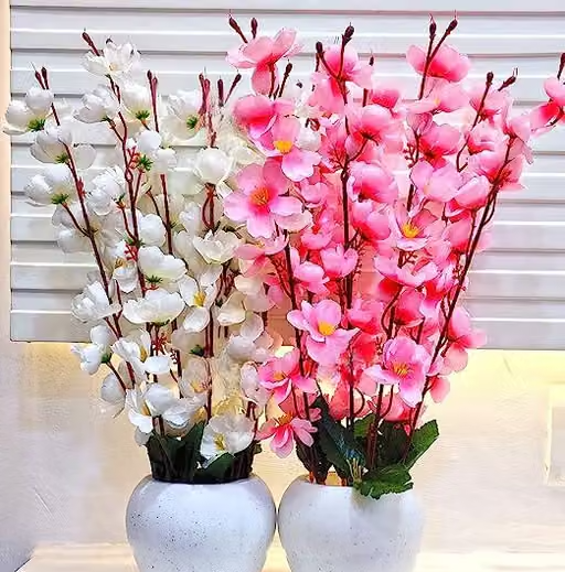 Artificial Flowers for Decoration with Pot, Home Decor, Cherry Blossom Combo Pink, White Light Pink, Pack of 2