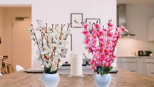 Artificial Flowers for Decoration with Pot, Home Decor, Cherry Blossom Combo Pink, White Light Pink, Pack of 2 - Image 2