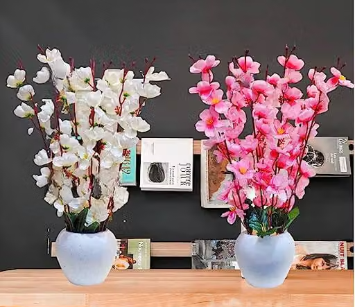 Artificial Flowers for Decoration with Pot, Home Decor, Cherry Blossom Combo Pink, White Light Pink, Pack of 2 - Image 4