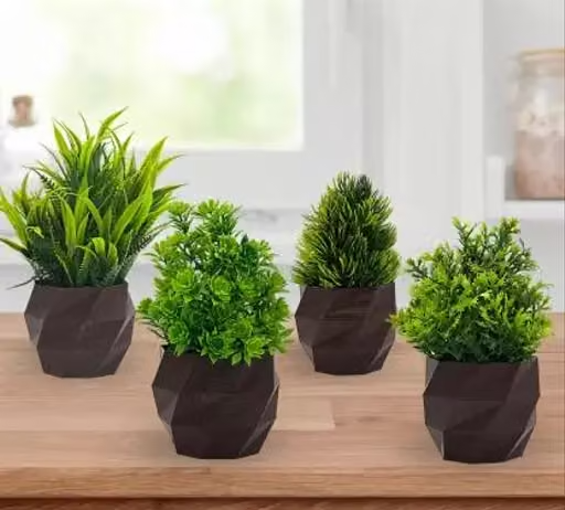 Brown Pot Variety Pack: 4 Small Artificial Plants - Contemporary Touch for Your Decor, Perfect for Minimalist Spaces - JJ Plastic