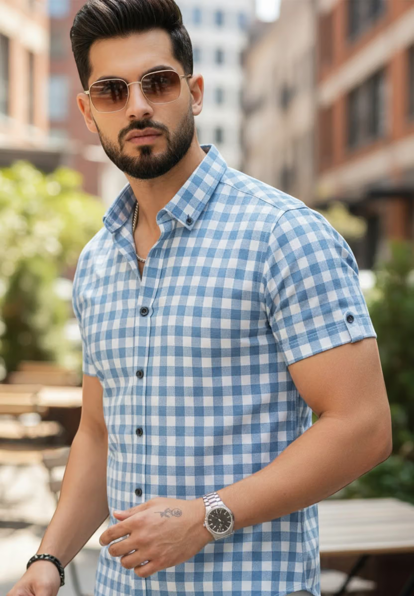 Cotton Blend Regular Fit Checks Half Sleeves Men's Casual Shirt - Light Blue ( Pack of 1 )