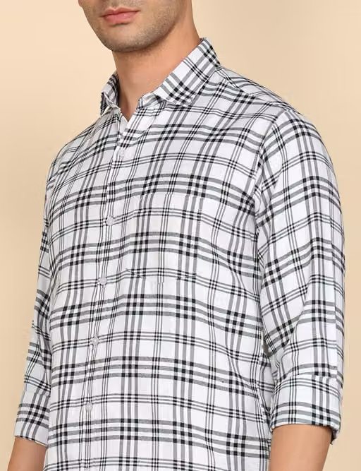 Youth First Men's Checked Spread Collar White Shirts