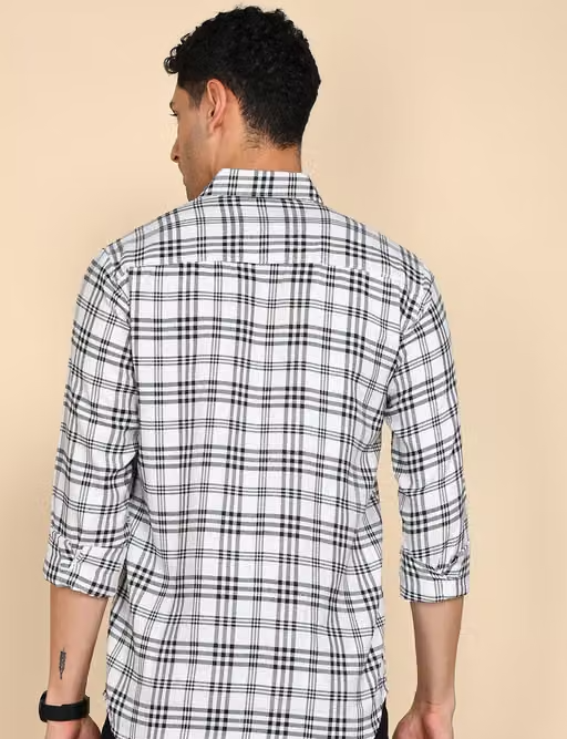 Youth First Men's Checked Spread Collar White Shirts - Image 3