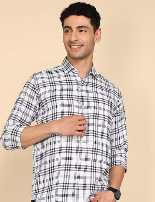Youth First Men's Checked Spread Collar White Shirts - Image 4