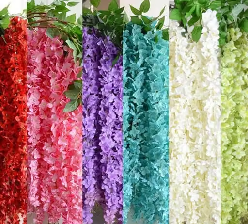 Creativo 12 Pcs (43.2 inch) Artificial Wisteria Vine Garland Fake Silk Hanging Bush Flowers for Home Decor, Wedding, Pooja, Mandap, Outdoor Garden Decoration, Door & Balcony (2 Red, 2 Pink, 2 Purple , 2 Sky Blue, 2 White, 2 Green Pack of 12)