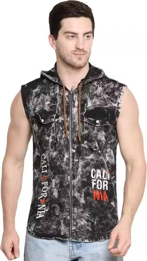 Matelco Men's Black Denim Shirts sleeveless with Hooodie |Casual Shirt|Holiday Shirt|Beach Shirt
