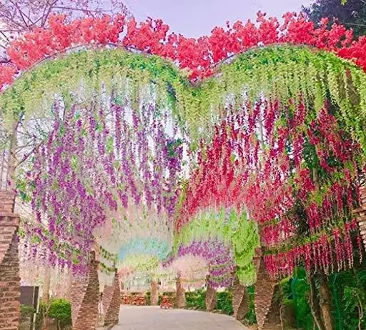 Creativo 12 Pcs (43.2 inch) Artificial Wisteria Vine Garland Fake Silk Hanging Bush Flowers for Home Decor, Wedding, Pooja, Mandap, Outdoor Garden Decoration, Door & Balcony (2 Red, 2 Pink, 2 Purple , 2 Sky Blue, 2 White, 2 Green Pack of 12) - Image 2
