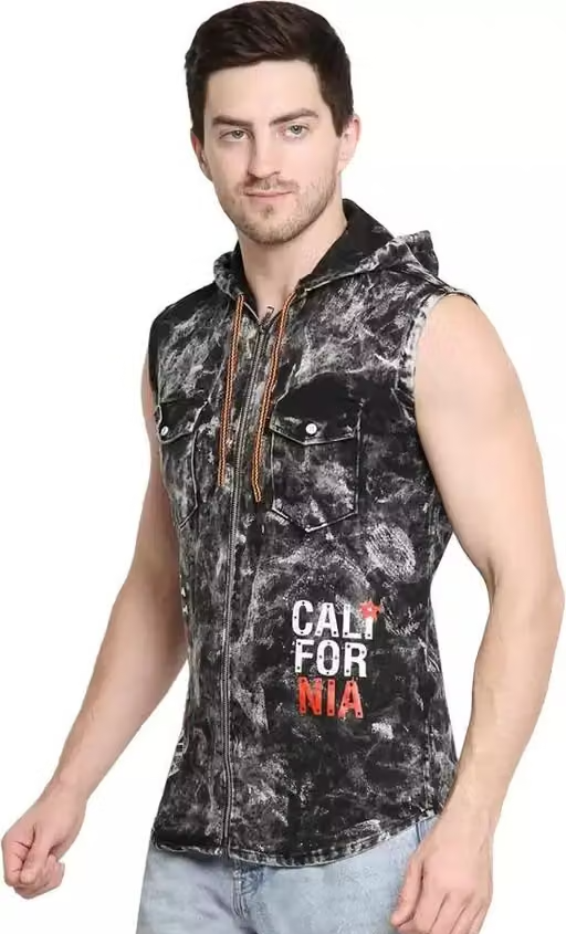 Matelco Men's Black Denim Shirts sleeveless with Hooodie |Casual Shirt|Holiday Shirt|Beach Shirt - Image 2