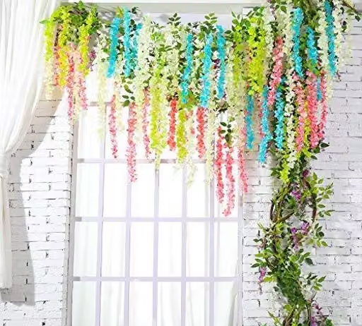 Creativo 12 Pcs (43.2 inch) Artificial Wisteria Vine Garland Fake Silk Hanging Bush Flowers for Home Decor, Wedding, Pooja, Mandap, Outdoor Garden Decoration, Door & Balcony (2 Red, 2 Pink, 2 Purple , 2 Sky Blue, 2 White, 2 Green Pack of 12) - Image 3