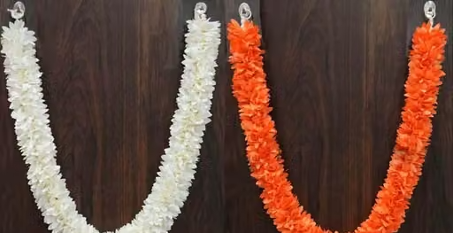 Garland Haar White Orange Pack of 2 Pieces (Size: 22 Inches Full Straight Length) Hand-Made Cloth Fabric Flower Garland Mala for God Idols, Photo Frames Artificial Plant, Flower and Shrubs