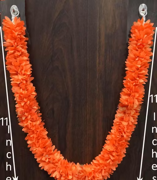 Garland Haar White Orange Pack of 2 Pieces (Size: 22 Inches Full Straight Length) Hand-Made Cloth Fabric Flower Garland Mala for God Idols, Photo Frames Artificial Plant, Flower and Shrubs - Image 3