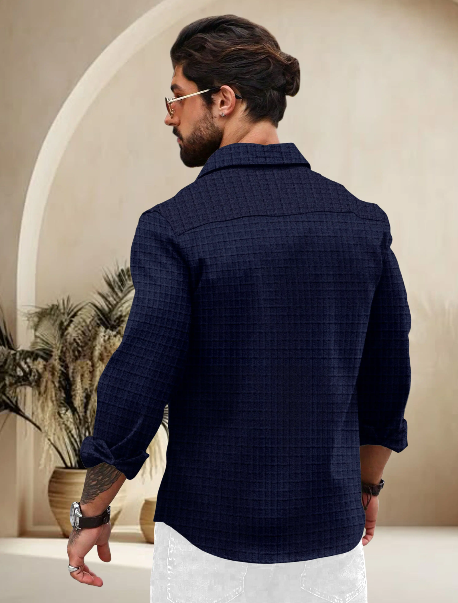 Polyester Regular Fit Self Design Full Sleeves Men's Casual Shirt - Dark Blue ( Pack of 1 ) - Image 2