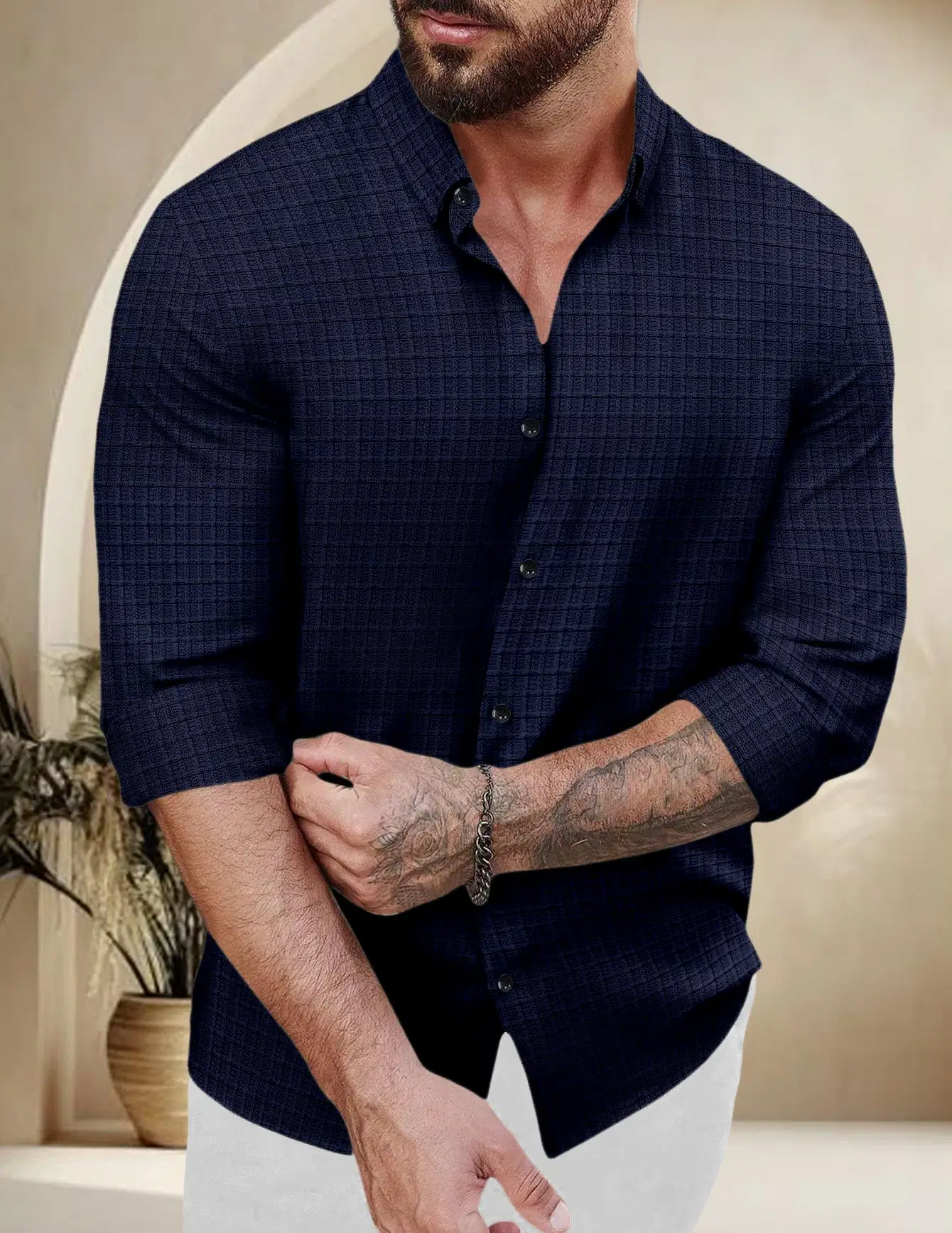 Polyester Regular Fit Self Design Full Sleeves Men's Casual Shirt - Dark Blue ( Pack of 1 ) - Image 3