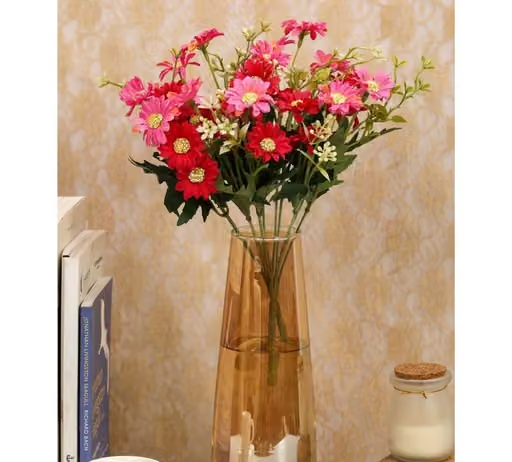 PRAJNA 2 Pcs Artificial Flower Daisy Fake Flower Bunch For Home Decoration Item, Craft, Gifting, Wedding Decoration, gift for her, gift for him, Table Vase, Marriage, Festival, Office, Bedroom, Balcony, Living Room & Gift, Table Decoration, Flower Decoration (Without Vase Pot, Red and Pink)