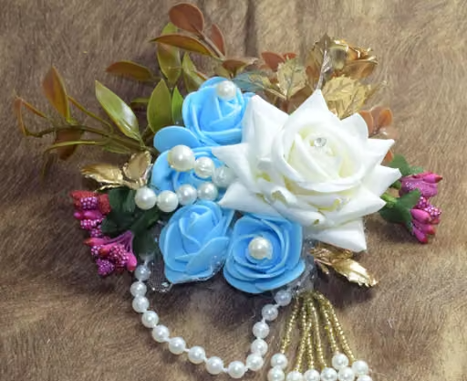 4 Pcs of White velvet & Blue foam Pearl Artificial Flower Bunch for Gift Packing, Decoration, Gifting, Trousseau Packing, Hampers