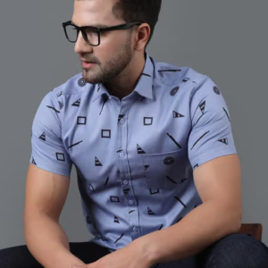 Lumad Men's Printed Skyblue Regular Fit Half Sleeve Spread Collar Cotton Casual Shirt