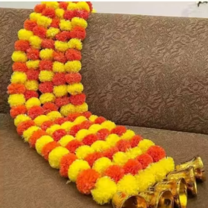 SRK Artificial Marigold Flower with bells Garland for Decoration | Festive, Wedding, Ganpati, Home Decor | Lemon Orange ( 5 pcs)
