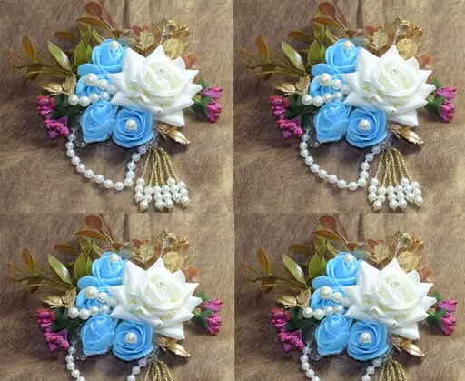 4 Pcs of White velvet & Blue foam Pearl Artificial Flower Bunch for Gift Packing, Decoration, Gifting, Trousseau Packing, Hampers - Image 2